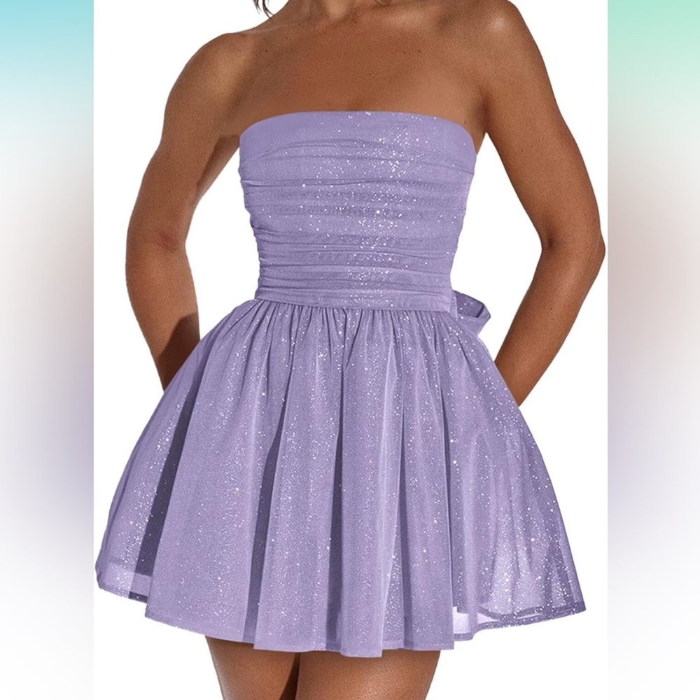 Elegant Strapless Purple Mini Dress with Bow Sabrina Carpenter Core